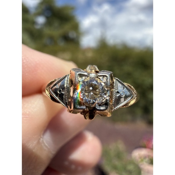Antique Jewelry - Antique 14k Solid Yellow Gold Engraved Natural Diamond Ring - Size 7.25 1.78g